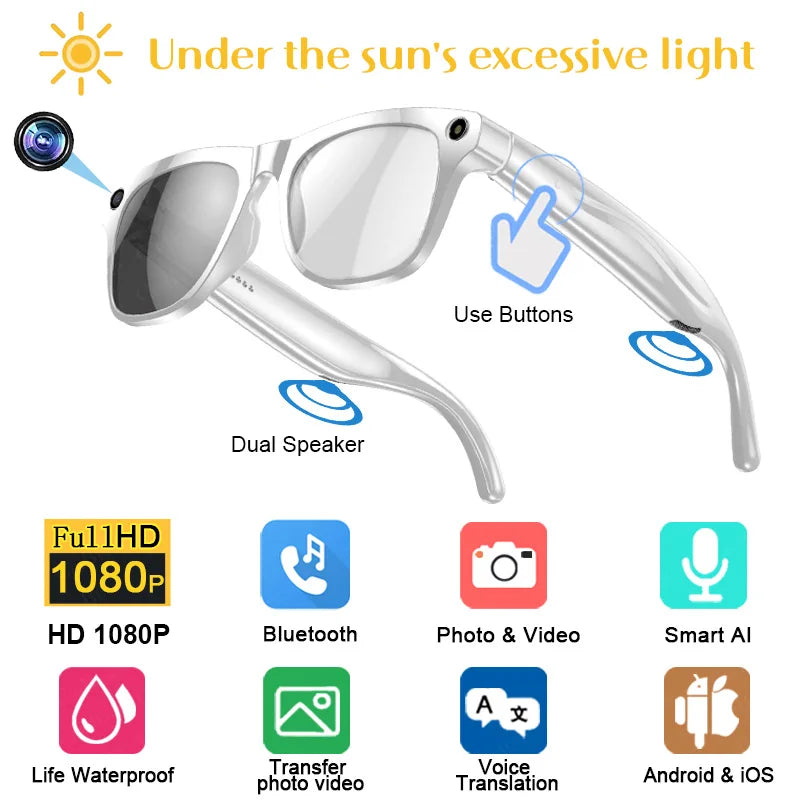 4K AI Smart Camera Glasses Photochromic Travel Handsfree - Tophatter Daily Deals