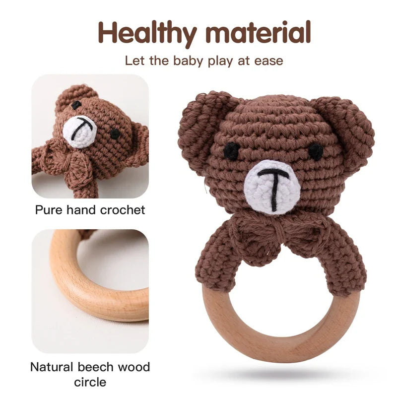 Crochet Bear Teether Rattle Ring Newborn Sensory Toys - Tophatter Daily Deals