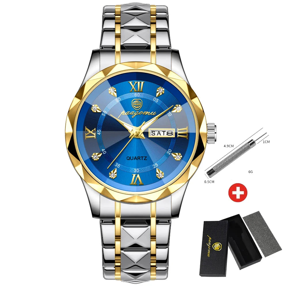 Quartz Stainless Steel Dress Watch Waterproof Glow Dial Gold blue - Tophatter Daily Deals
