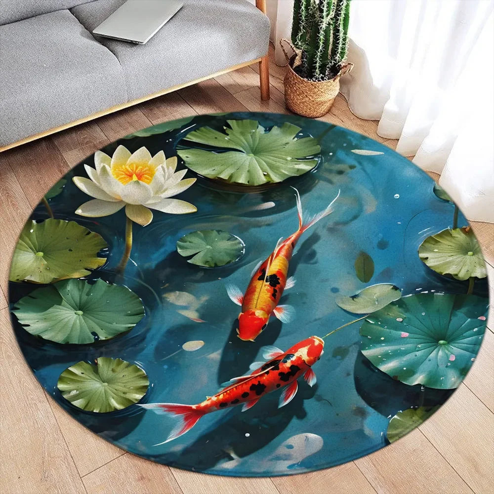 Koi Fish Round Rug Japanese Water Ink Floor Decor Serene DD-1347MC - Tophatter Daily Deals