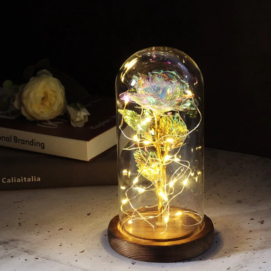 Beauty & The Beast Eternal Red Rose In Glass Dome with LED Lights Irridescent Flowers - Tophatter Daily Deals