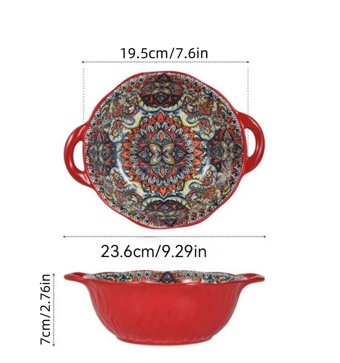 Ceramic Soup Bowl Bohemian Handle Embossed Microwave 9.29in bowl red 7.5 inch - Tophatter Daily Deals