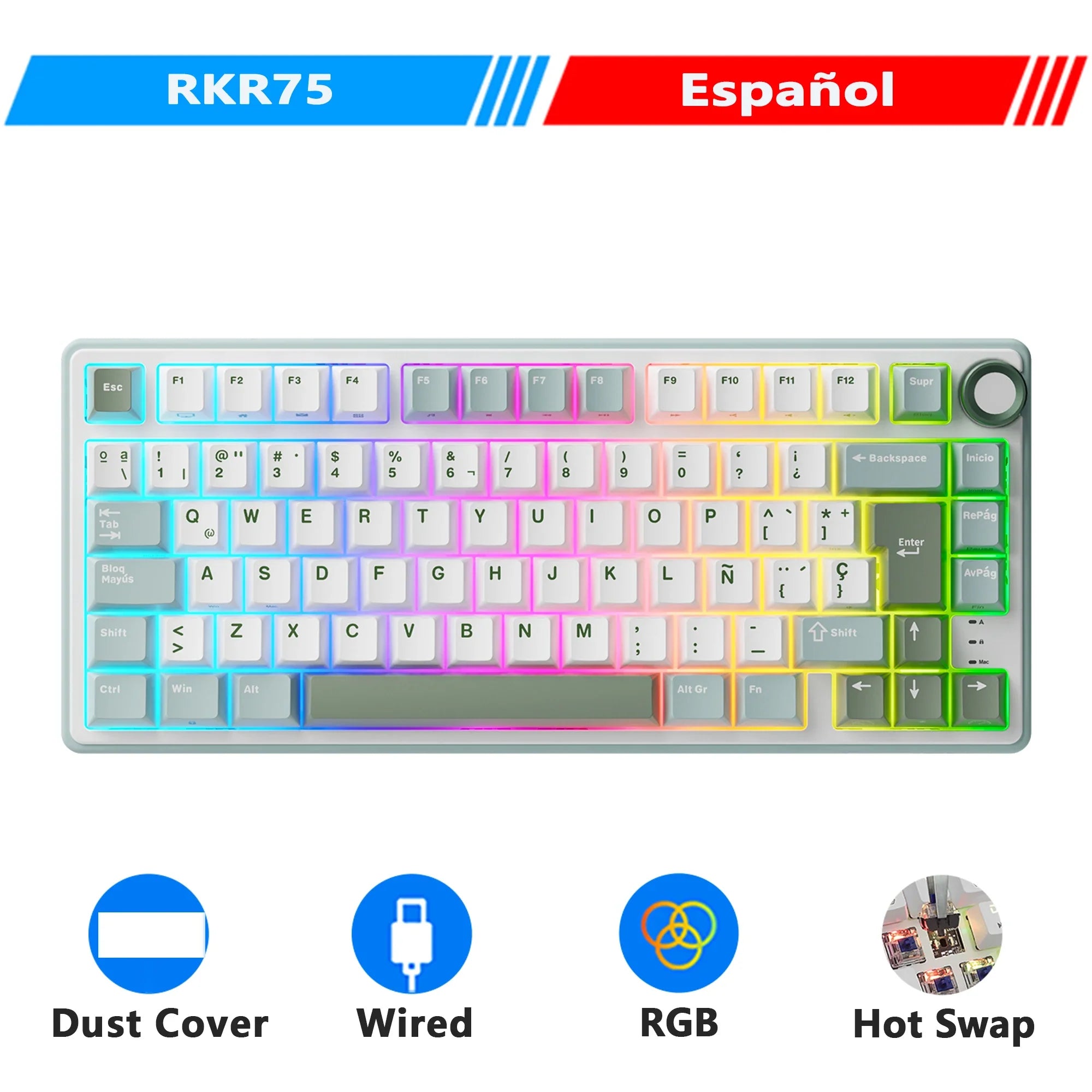 Mechanical Keyboard R75 Gasket 80Key RGB Hot Swap Spanish Spanish SkyCyan - Tophatter Daily Deals