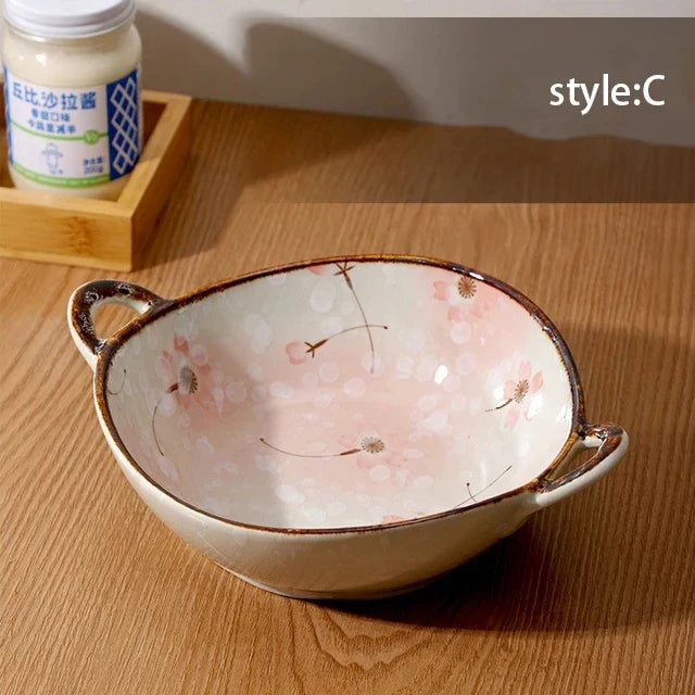 Ceramic Noodle Bowl 7.5 Inch Dual Handle Floral Bowl C - Tophatter Daily Deals