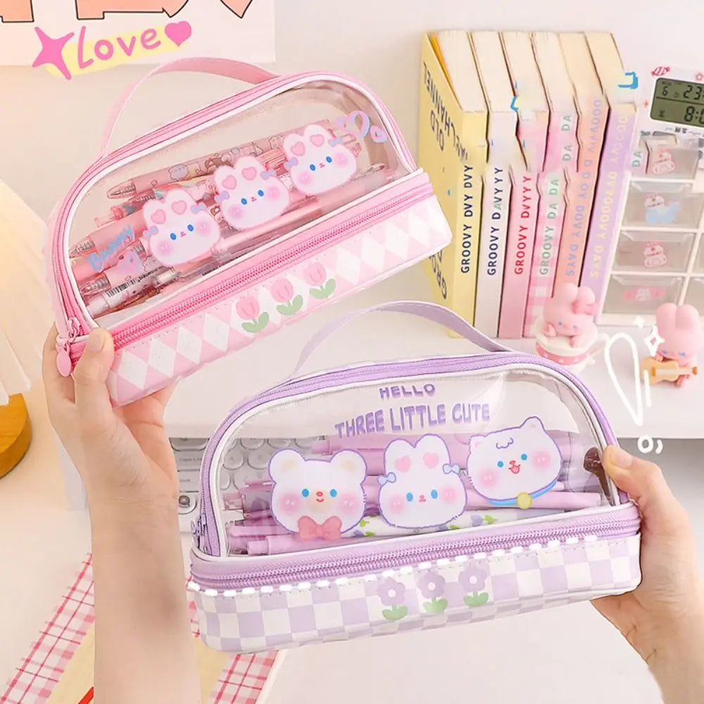 Kawaii Double Layer Pencil Case Large Transparent Stationery Animals - Tophatter Daily Deals