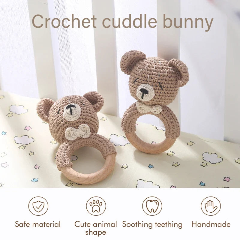 Crochet Bear Teether Rattle Ring Newborn Sensory Toys - Tophatter Daily Deals