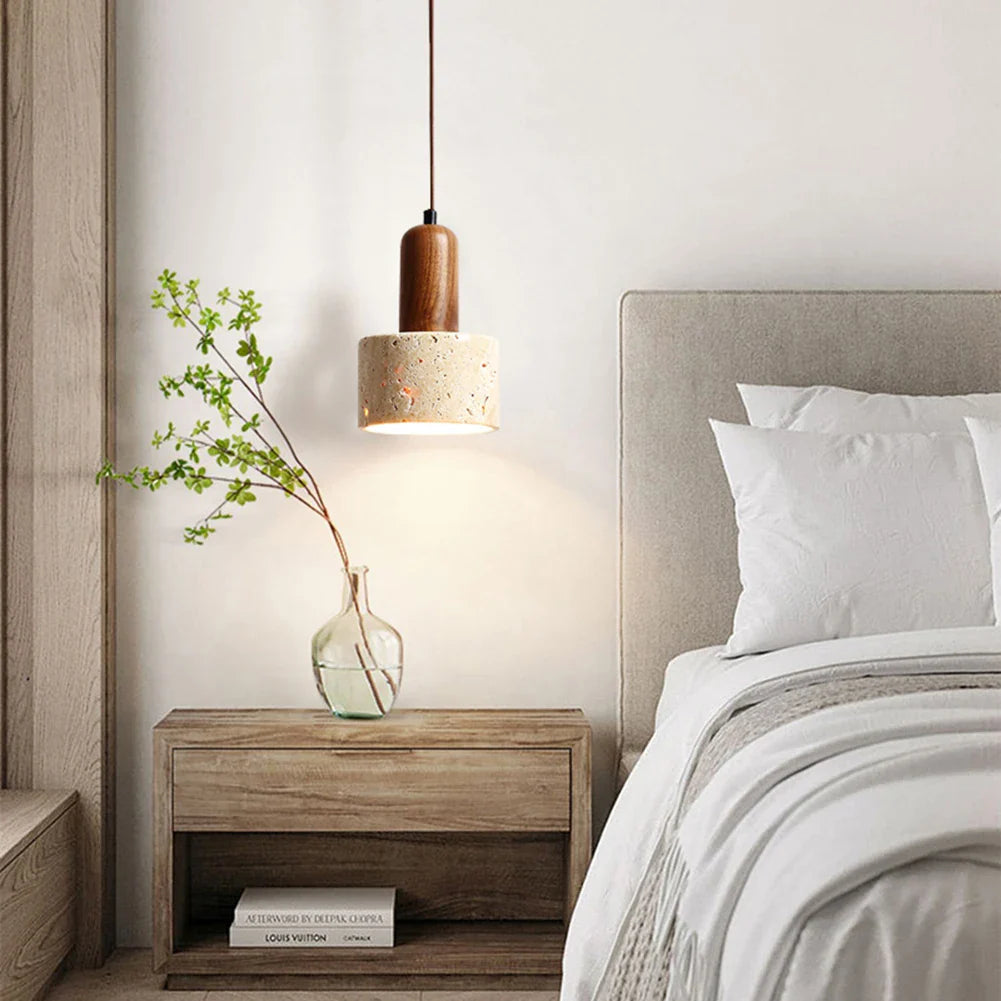 Japandi Japanese Pendant Light Wood And Travertine Bedside Lamp - Tophatter Daily Deals