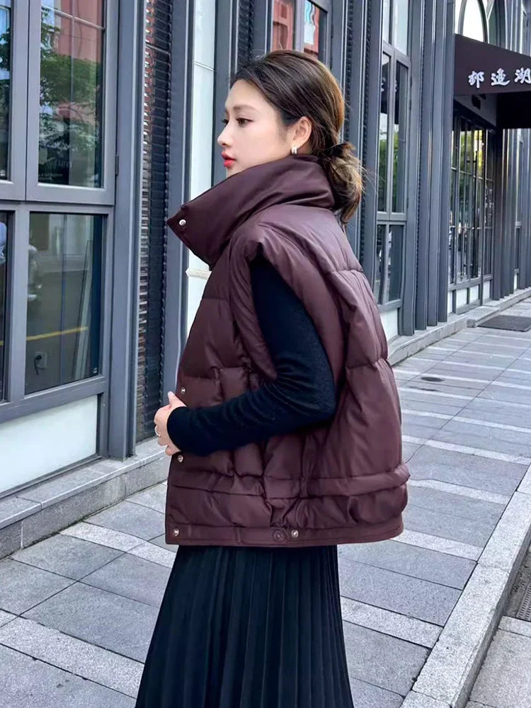 Warm Women’s Down Vest - Cropped Boxy, PU, Winter Layering - Tophatter Daily Deals
