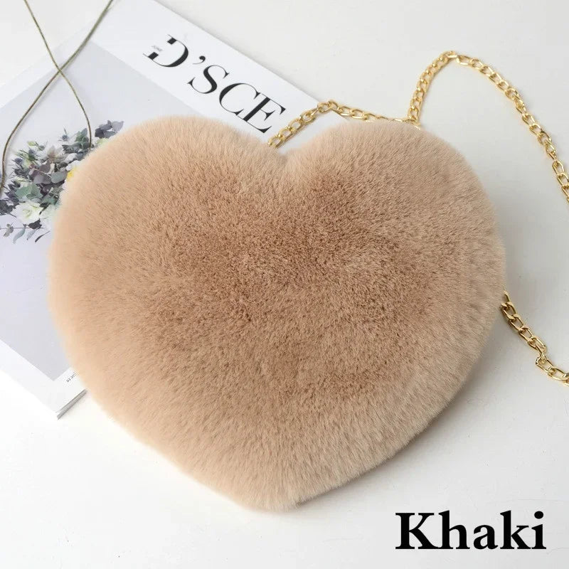Faux Fur Heart Bag Furry With Gold Chain Handbag Crossbody Khaki Mythical - Tophatter Daily Deals