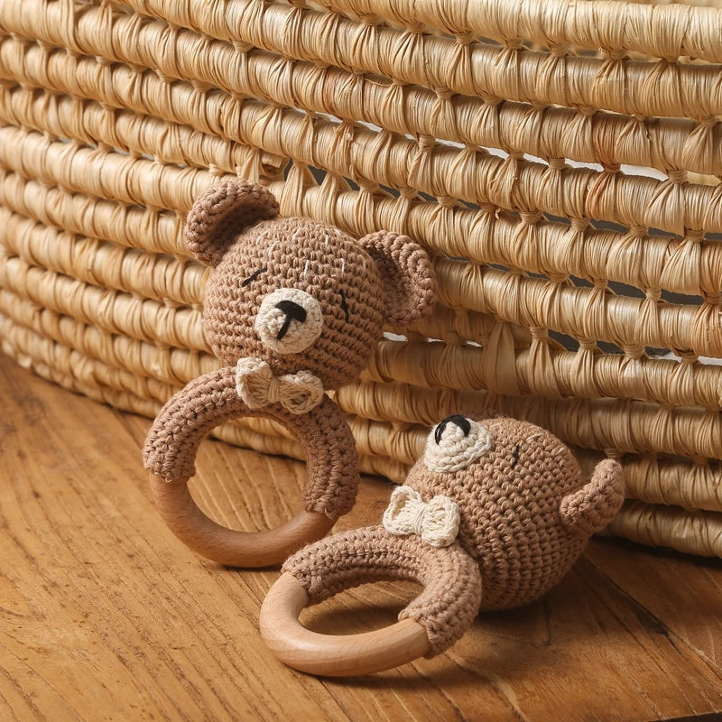 Crochet Bear Teether Rattle Ring Newborn Sensory Toys - Tophatter Daily Deals
