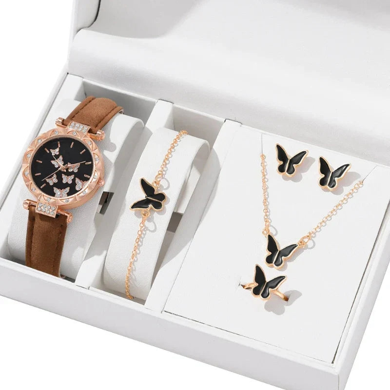 Butterfly Jewelry Set Watch Necklace Earrings Bracelet (Brown) Apparel & Accessories > Jewelry > Jewelry Sets - Tophatter Daily Deals