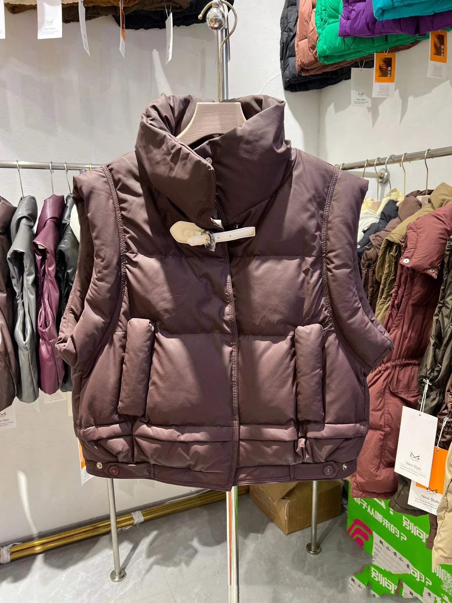 Warm Women’s Down Vest - Cropped Boxy, PU, Winter Layering Brown - Tophatter Daily Deals