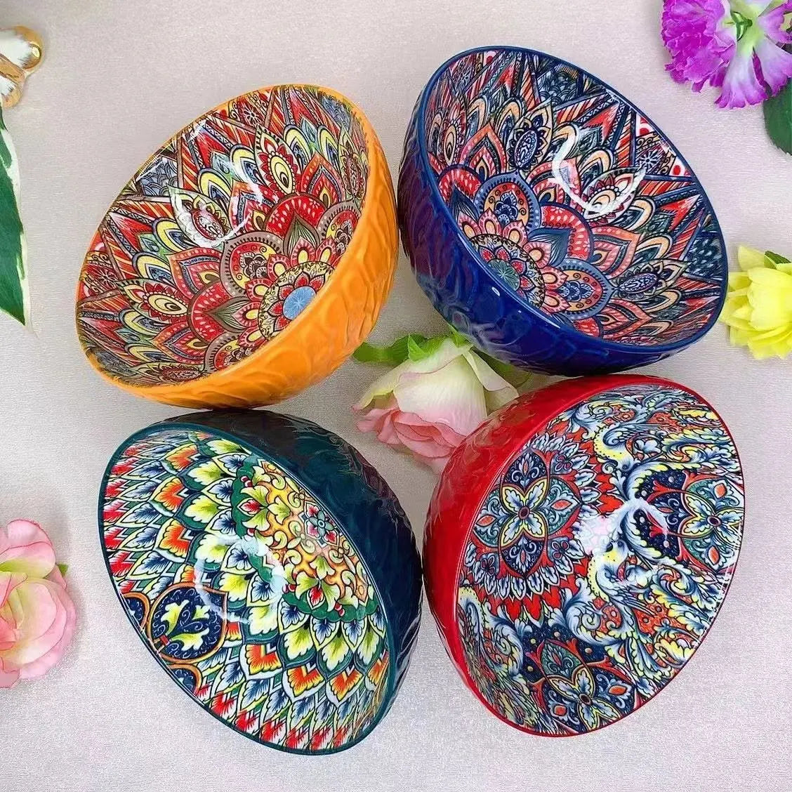 Bohemian Ceramic Bowls Set Floral Serving Bowls Versatile - Tophatter Daily Deals