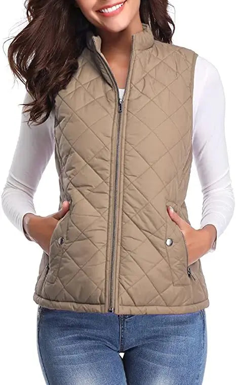 Lightweight Women Quilted Vest - Stand Collar Cotton Winter Khaki - Tophatter Daily Deals