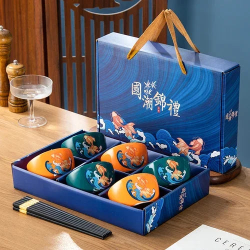 Japanese Hand Painted Ceramic Bowl Set With Chopsticks C- 6Bowl 6chopsticks - Tophatter Daily Deals