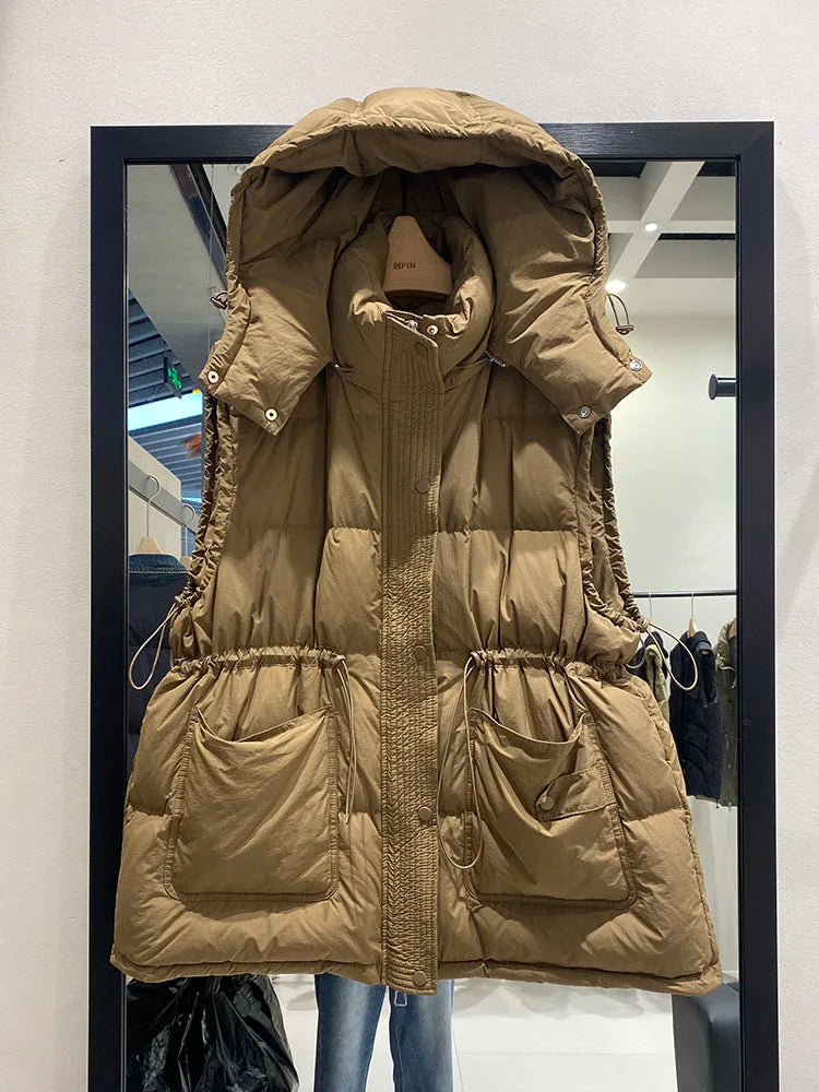 Lightweight Relaxed Women Down Vest - Hooded, Down, Winter Khaki - Tophatter Daily Deals