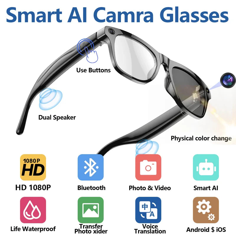4K AI Smart Camera Glasses Photochromic Travel Handsfree - Tophatter Daily Deals
