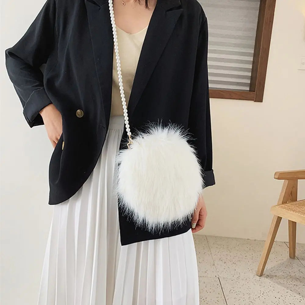 Faux Fur Fluffy White Bag Crossbody Handbag Pearl Strap Mythical - Tophatter Daily Deals