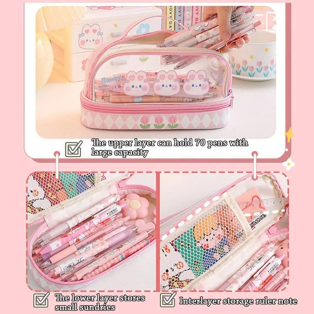 Kawaii Double Layer Pencil Case Large Transparent Stationery Animals - Tophatter Daily Deals