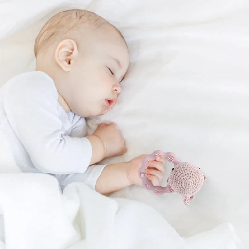Crochet Bear Teether Rattle Ring Newborn Sensory Toys - Tophatter Daily Deals