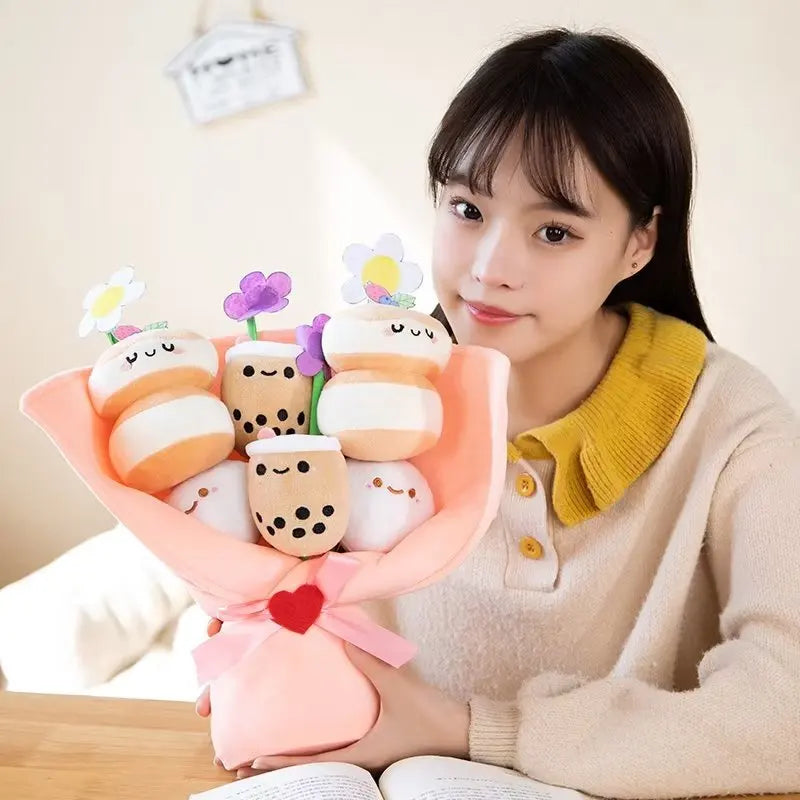 Kawaii Boba Flower Plush Toy Bouquet Bubble Tea Dolls Preserved Flowers Plushies Valentine's Day Graduation Gift Food - Tophatter Daily Deals