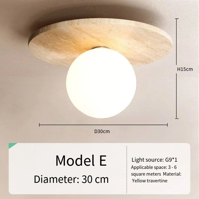 Japandi Travertine Ceiling Light Wood Cap Round Mid Century Lamp E - Tophatter Daily Deals