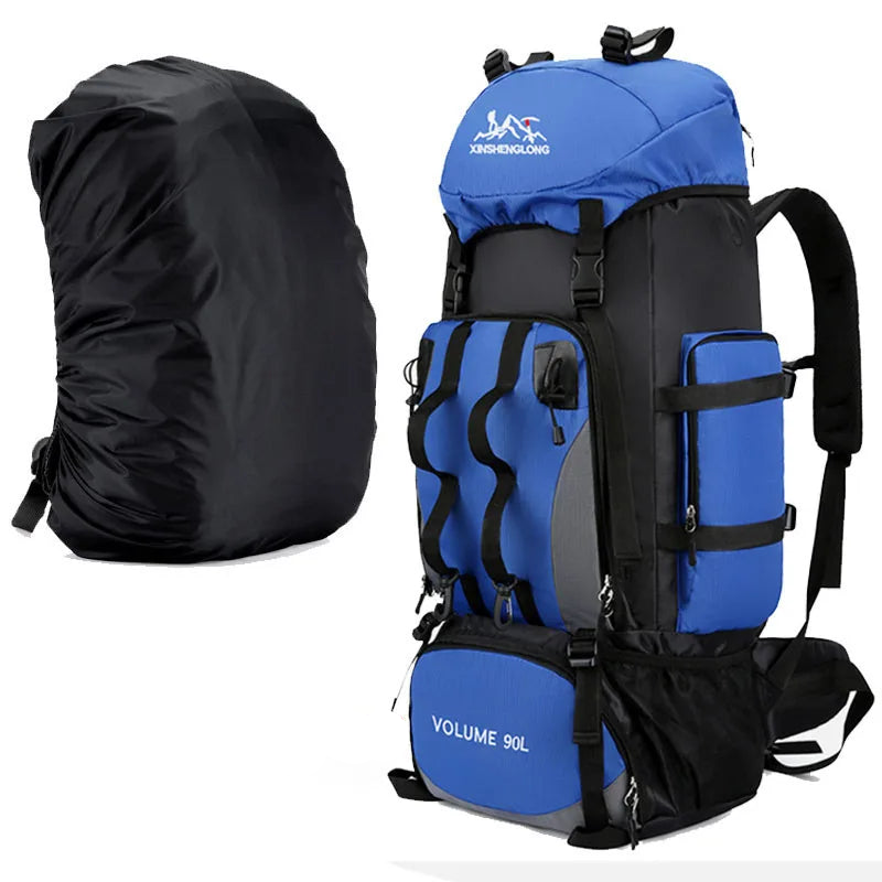 90L Waterproof Camping Backpack with Cover Blue Backpacks - Tophatter Daily Deals