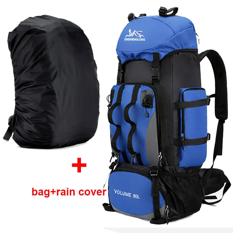 90L Waterproof Camping Backpack with Cover Blue Backpacks - Tophatter Daily Deals