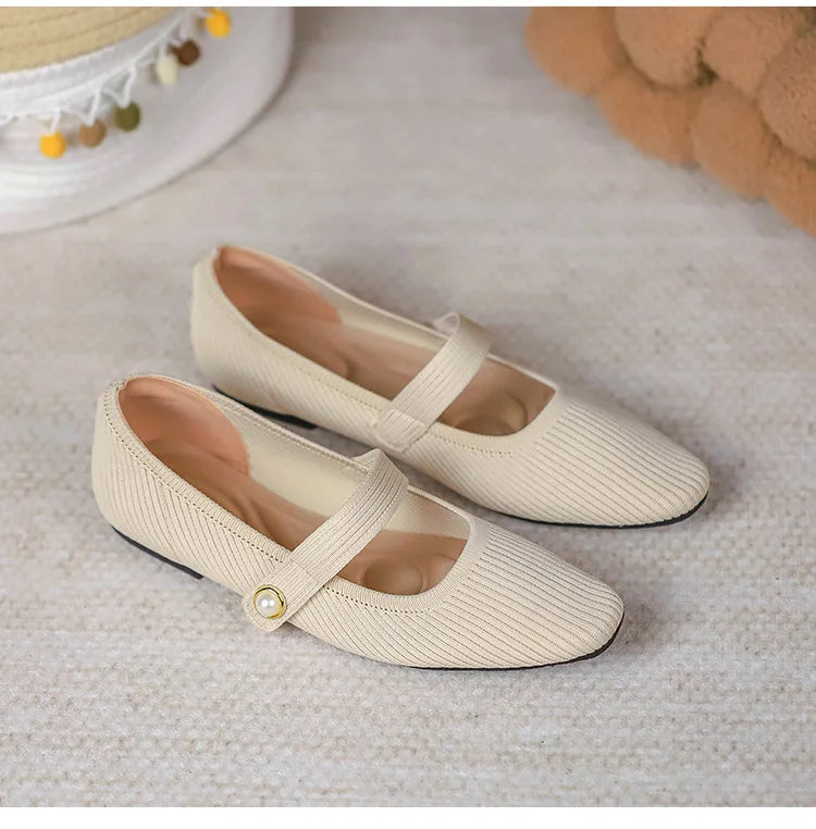 Stretchy Women Mary Jane Flats - Ribbed Knit For Spring White - Tophatter Daily Deals