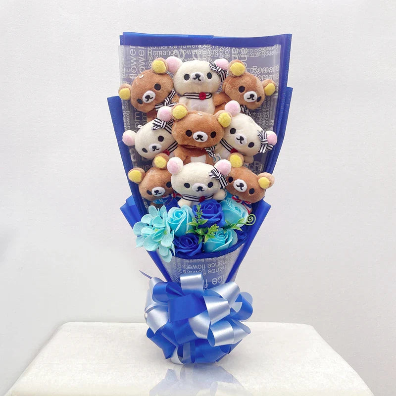 San-X Rilakkuma Korilakkuma Teddy Bear Plush Toy Flower Bouquet Gift Box San-x Rilakkuma & Korilakkuma - Blue Flowers - Tophatter Daily Deals