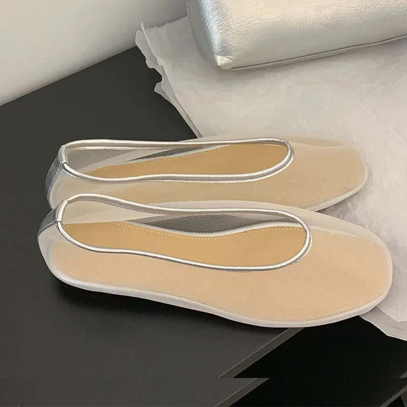 Lightweight Women Ballet Flats - Shallow Slip On Mesh Silver - Tophatter Daily Deals
