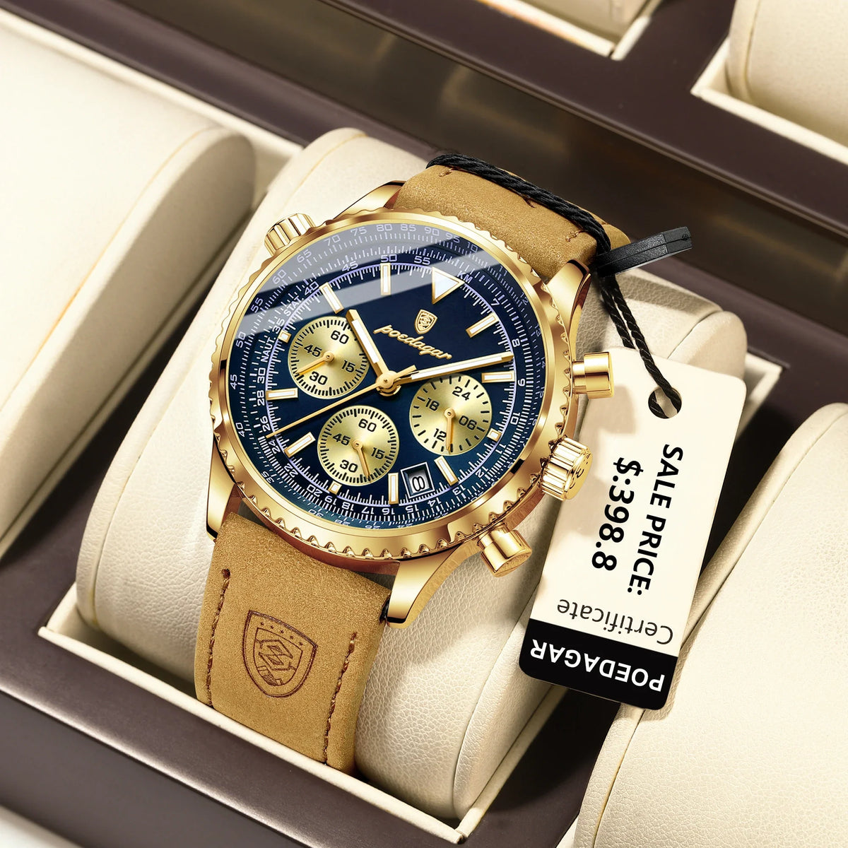 Quartz Chronograph Watch Waterproof Luminous Date Leather 960Gold Blue L - Tophatter Daily Deals