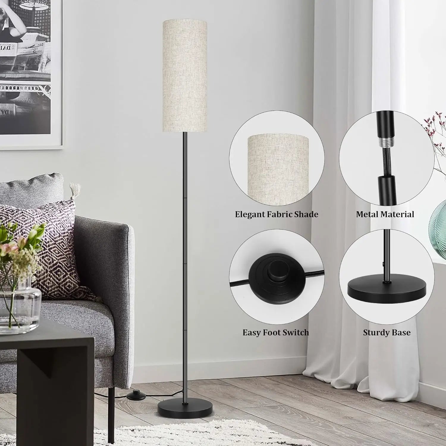 Japandi Modern Floor Lamp With Fabric Shade Stepless Dimming - Tophatter Daily Deals