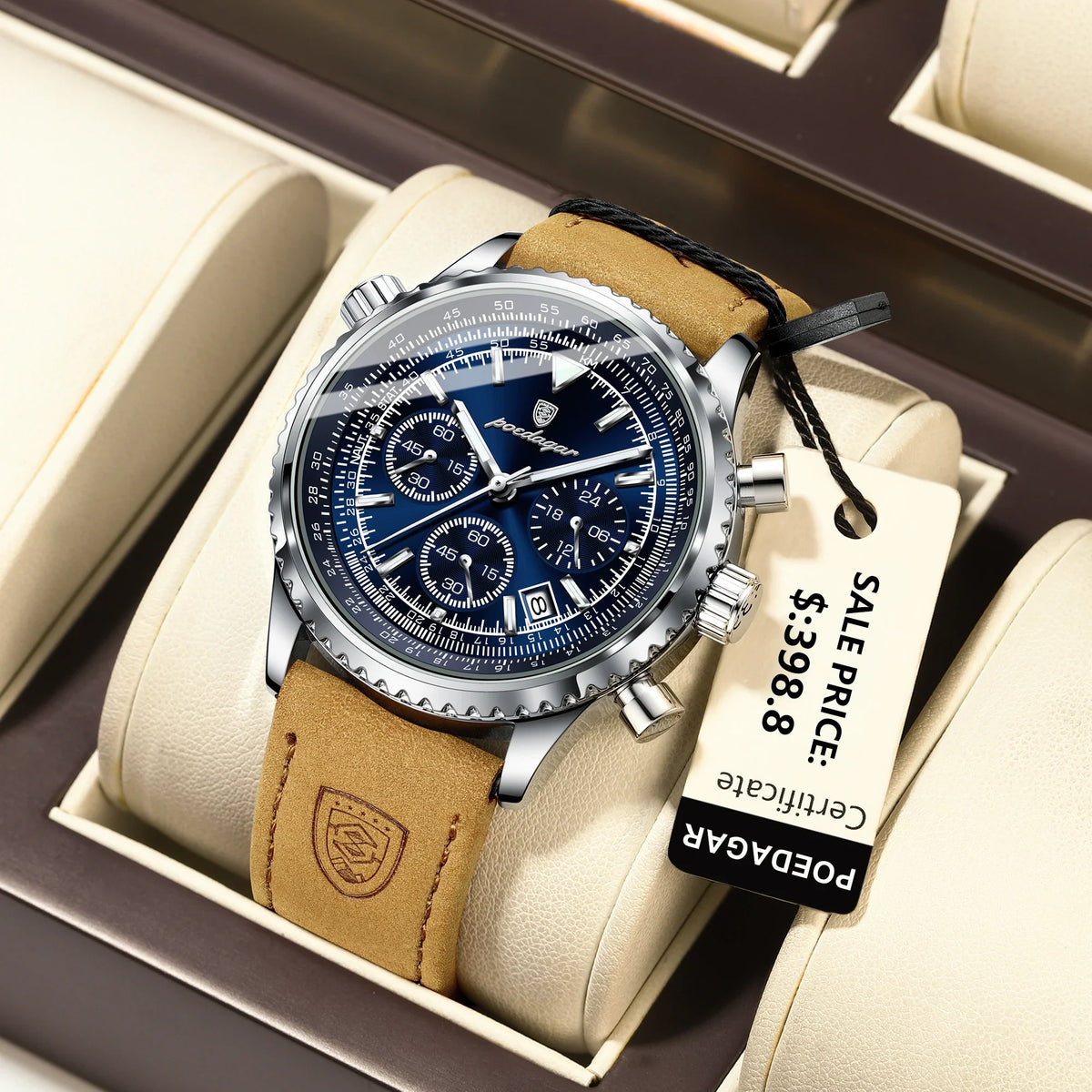 Quartz Chronograph Watch Waterproof Luminous Date Leather 960Silver Blue L - Tophatter Daily Deals