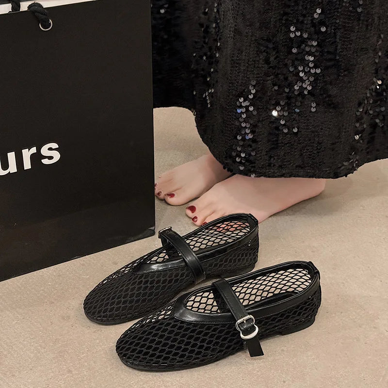 Breathable Women Mesh Ballet Flats - Strappy Round Toe Black - Tophatter Daily Deals