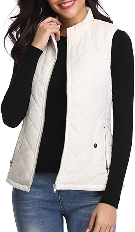 Lightweight Women Quilted Vest - Stand Collar Cotton Winter White - Tophatter Daily Deals