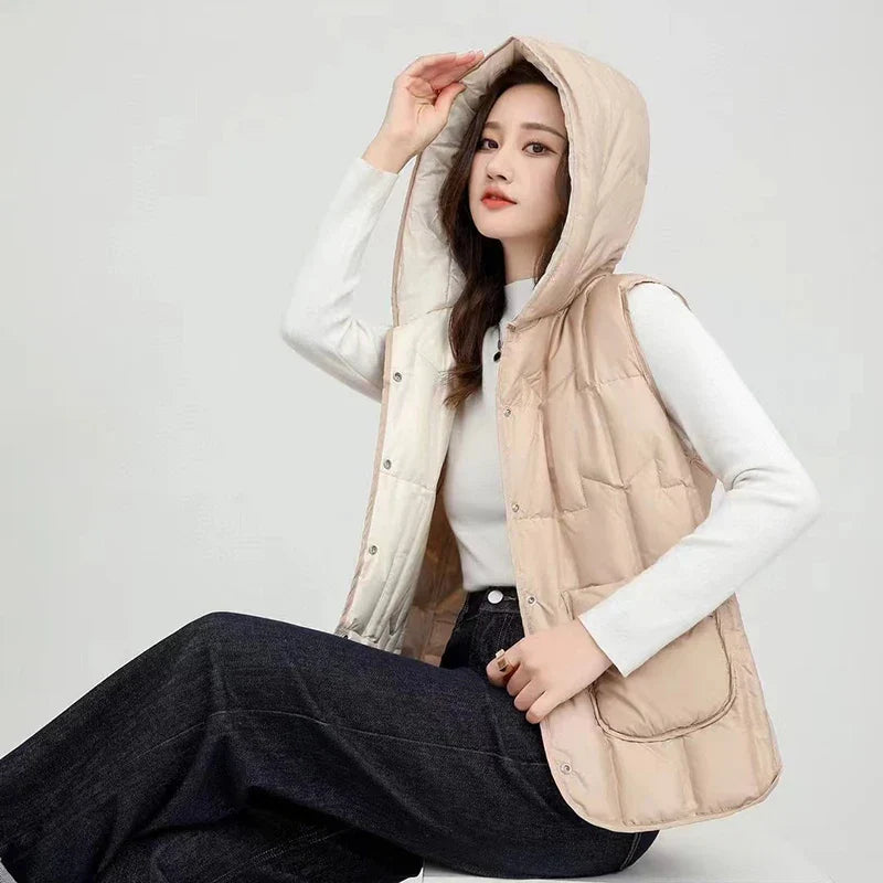 Lightweight Women Hooded Down Vest - Boxy, Down, Autumn - Tophatter Daily Deals