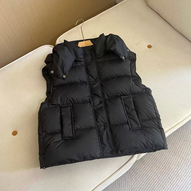 Insulating Women’s Hooded Puff Vest - Hip-Length, Down Black - Tophatter Daily Deals