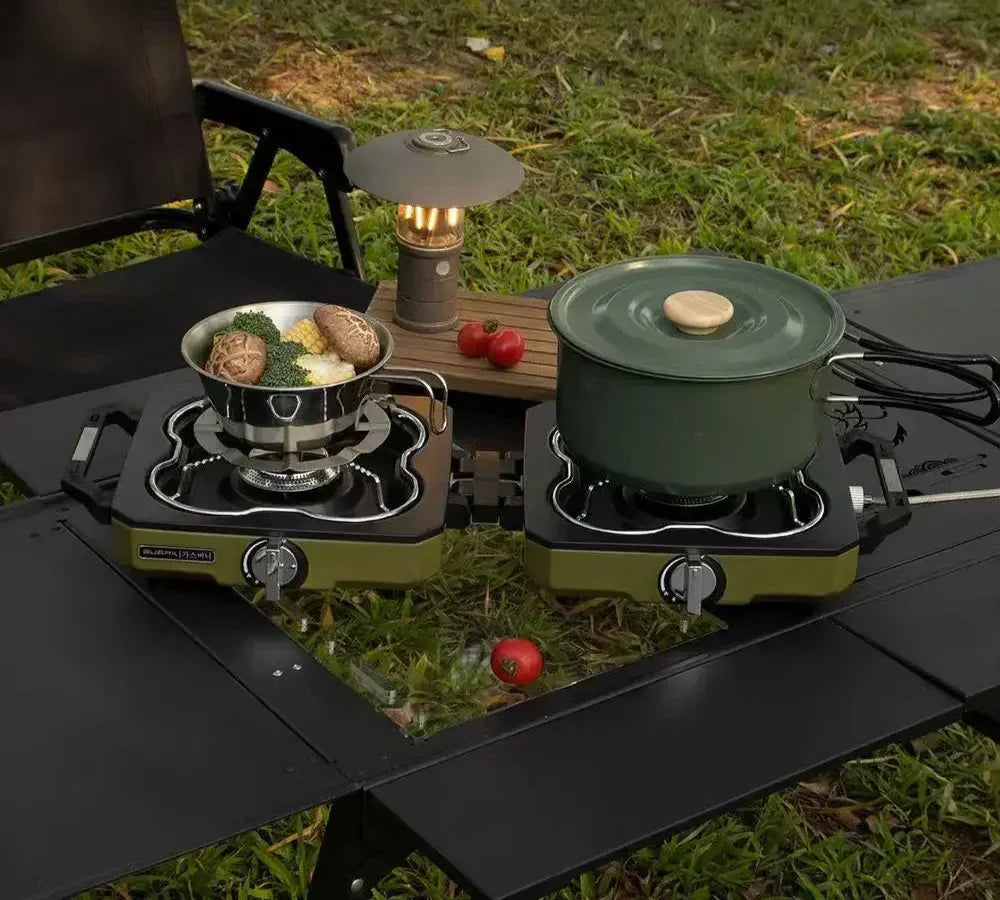 Double Burner Camping Stove High Firepower Gas Green Camp Cooking - Tophatter Daily Deals