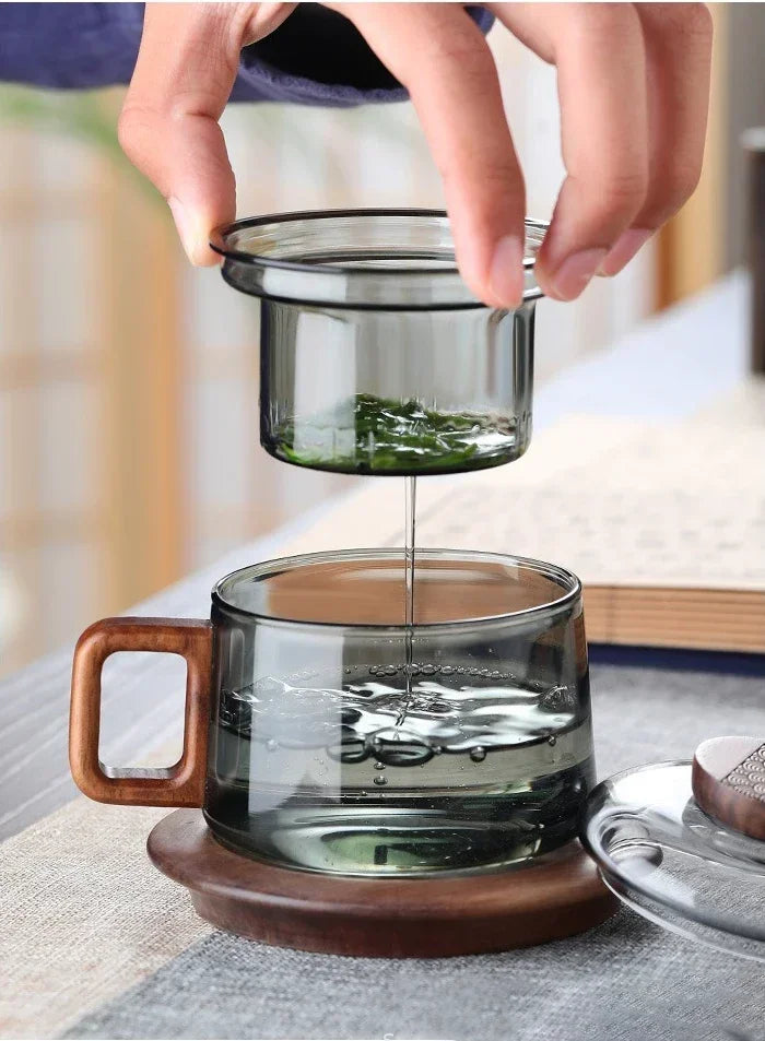 200ml Tea Infuser Cup Heat Resistant Glass Mug Wood Handle - Tophatter Daily Deals