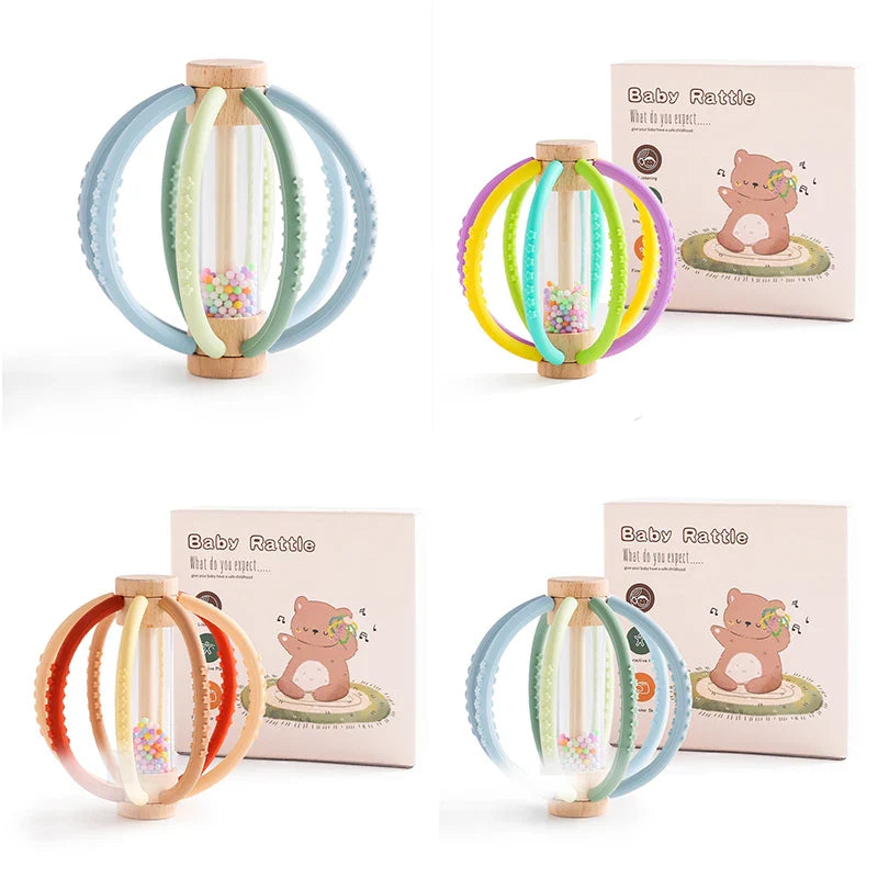 Baby Rattle Silicone Teether Wooden Newborn Sensory Toys - Tophatter Daily Deals