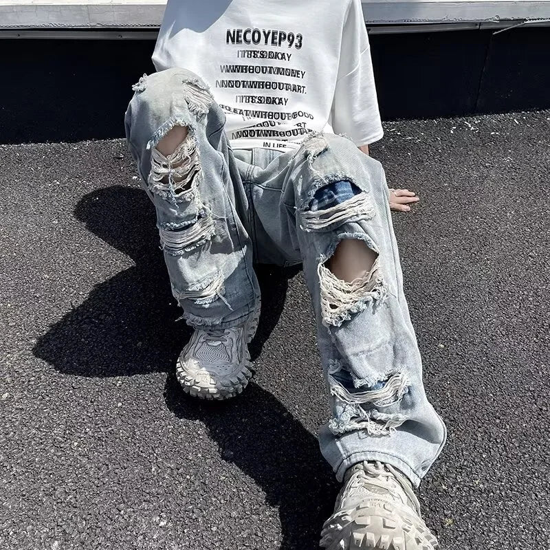 Oversized Relaxed Mens Jeans - Ripped Straight Leg Denim - Tophatter Daily Deals
