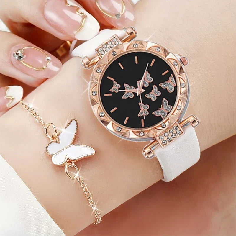 Butterfly Jewelry Set Watch Necklace Earrings Bracelet (White) Apparel & Accessories > Jewelry > Jewelry Sets - Tophatter Daily Deals