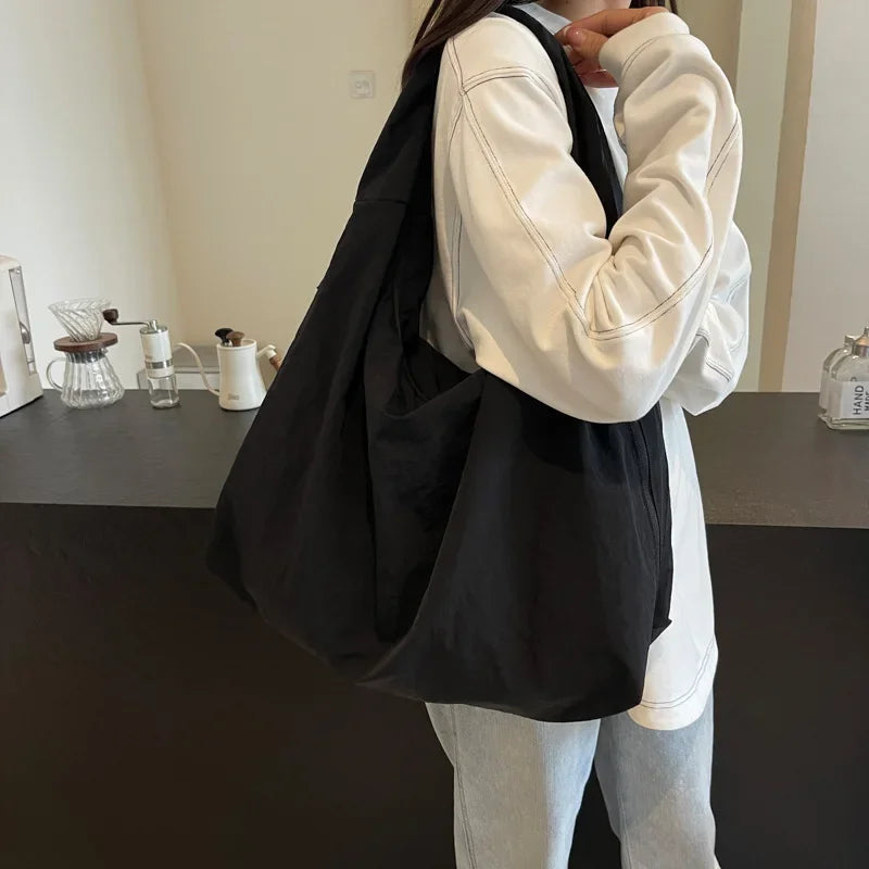 Lightweight Versatile Women Shoulder Bag - Slouchy Nylon Black - Tophatter Daily Deals