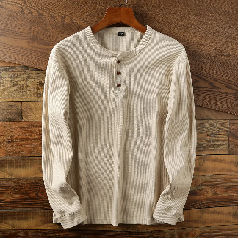 Soft Classic Men's Long Sleeve Pullover - Henley Knit Beige - Tophatter Daily Deals