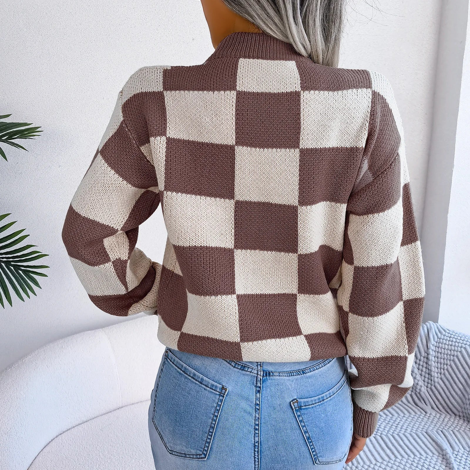 Oversized Cozy Women's Knit Sweater - Checkered, Soft - Tophatter Daily Deals