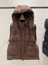 Lightweight Relaxed Women Down Vest - Hooded, Down, Winter Brown - Tophatter Daily Deals