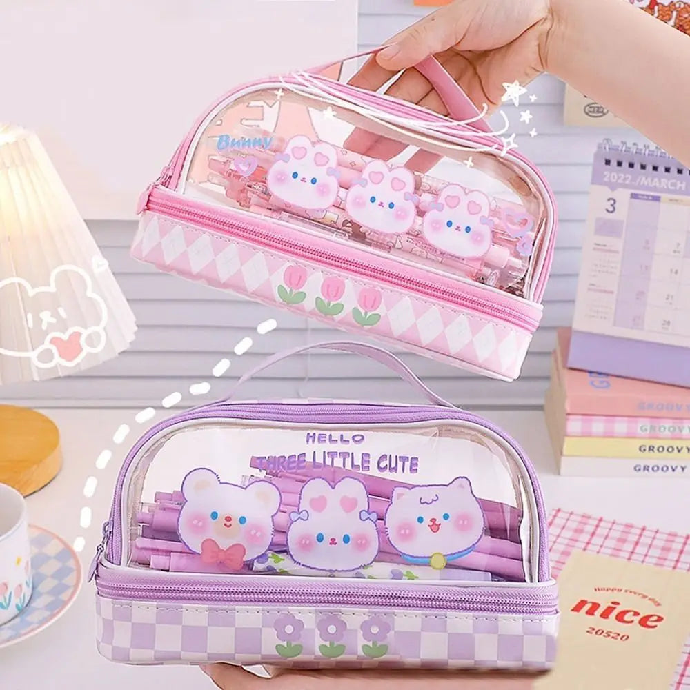 Kawaii Double Layer Pencil Case Large Transparent Stationery Animals - Tophatter Daily Deals