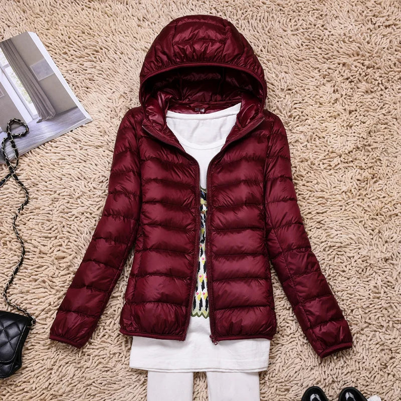Lightweight Women’s Down Jacket - Hooded, Packable Travel Burgundy - Tophatter Daily Deals