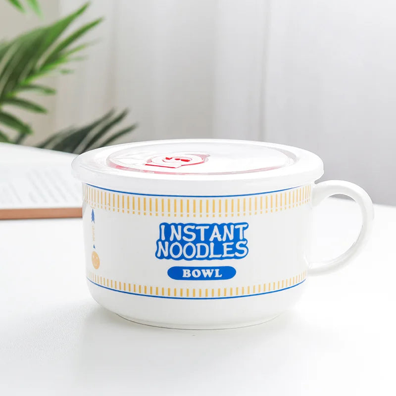 Instant Noodle Bowl Ceramic With Handle And Lid Large Blue 5.25 inches - Tophatter Daily Deals